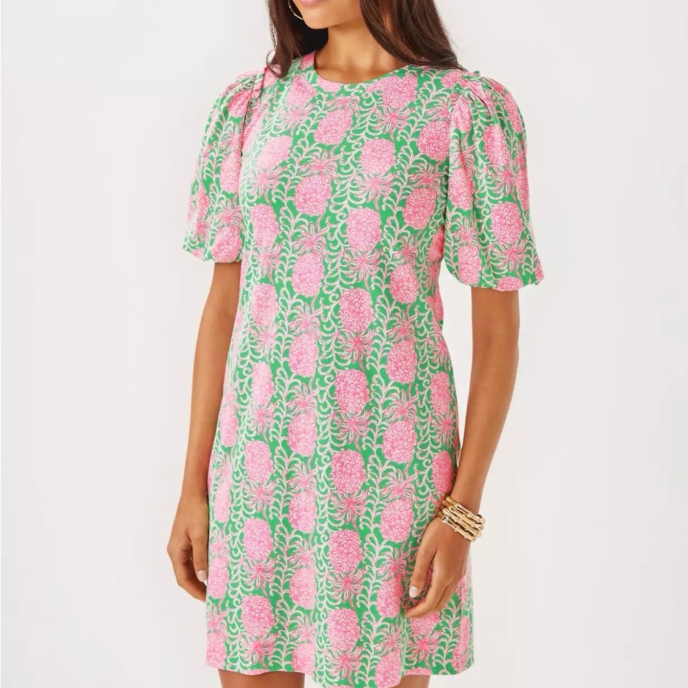 Lilly Pulitzer Pink & Green Pineapple-Print Puff-Sleeve Mini Dress